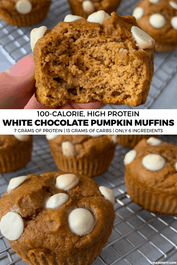 These super easy, 6-ingredient white chocolate pumpkin protein muffins have 7 grams of protein, 13 grams of carbs, and only 100 calories each. 
