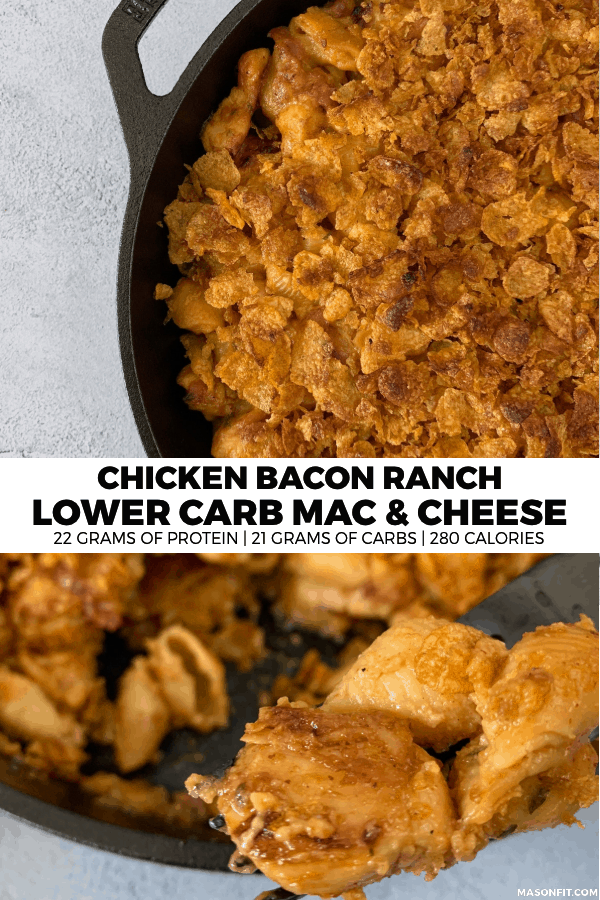 This high protein, low carb chicken bacon ranch mac and cheese is loaded with pan fried ranch chicken, cheddar cheese, and bacon. What's not to love?