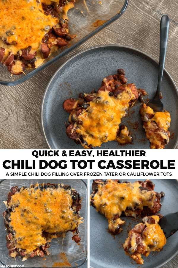 This healthy chili dog tater tot casserole uses cauliflower tots and a simple chili dog filling to create a savory, low calorie casserole the whole family will love. Each serving has just 260 calories.