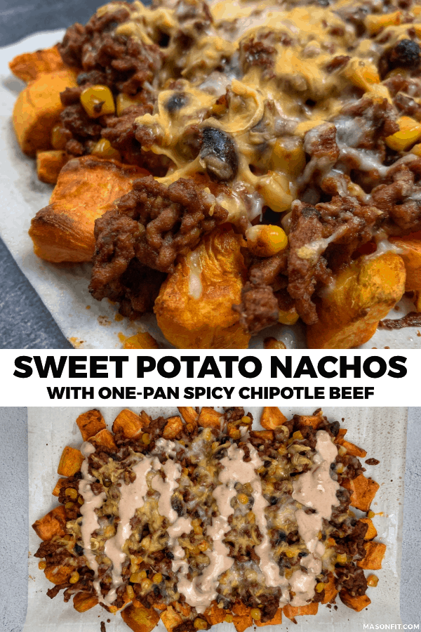 A quick and easy recipe for sweet potato nachos loaded with spicy chipotle beef, black beans, corn, shredded cheese, and a creamy salsa topping. Each serving has just 215 calories and 27 grams of carbs! 