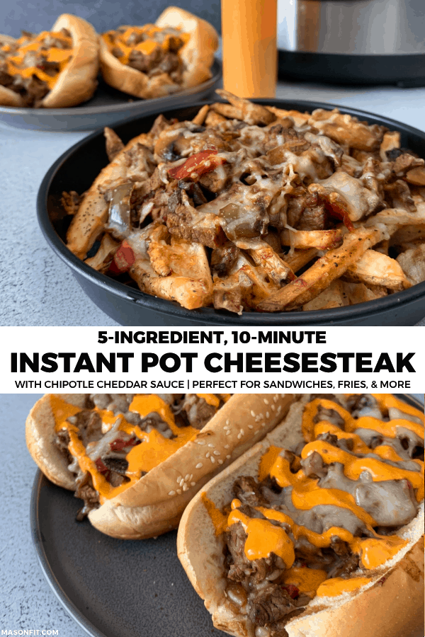 A quick and easy Instant Pot cheesesteak recipe with pairing ideas like cheesesteak fries, sandwiches, roasted vegetables, and a chipotle cheddar sauce.