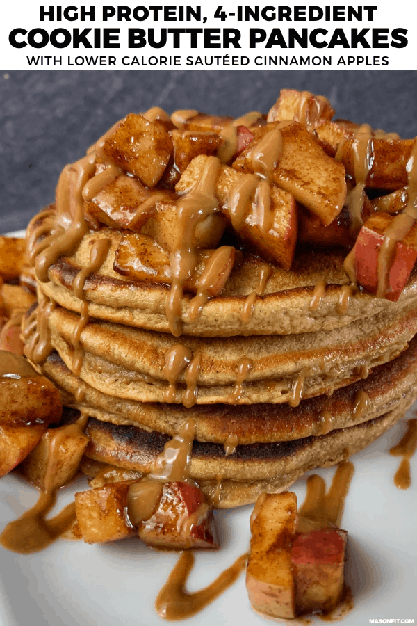 These 4-ingredient protein powder pancakes are light, fluffy, and loaded with cookie butter flavor. Even after they're topped with cinnamon sugar sautéed apples, each pancake has just 20 grams of carbs with 18 grams of protein! 