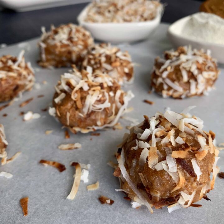 toasted coconut cookie butter no bake protein balls recipe