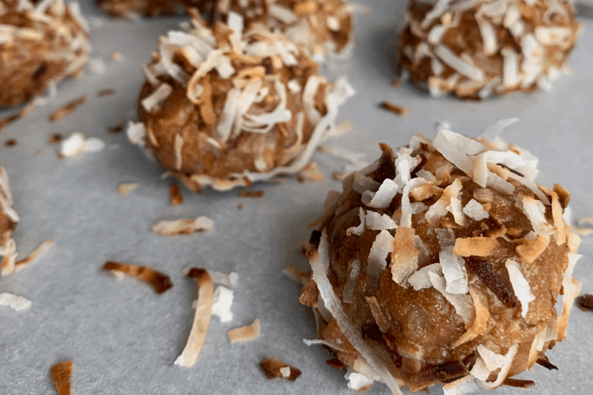 toasted coconut cookie butter no bake protein balls recipe featured image