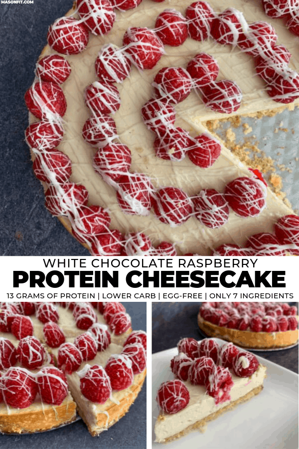 A perfectly creamy protein cheesecake with fresh raspberries, melted white chocolate, and a 3-ingredient buttery crust. This cheesecake is easy to make, has 13 grams of protein per slice, and can be customized with different toppings!