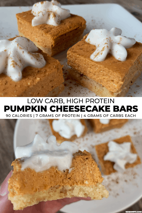 two images of pumpkin cheesecake bars with titles and nutrition information