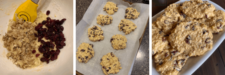 three photos showing the final steps of a banana breakfast cookies recipe