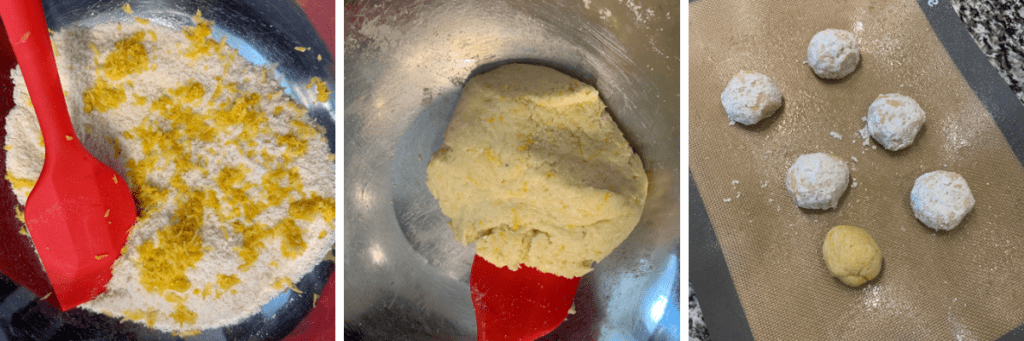 three process photos of the lemon protein cookies being made