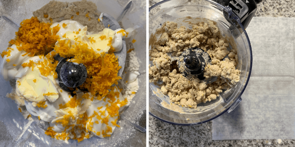 dry ingredients with greek yogurt, butter, and orange zest in a food processor before and after mixing