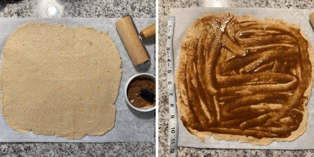 rolled dough with butter and cinnamon mixture spread on it