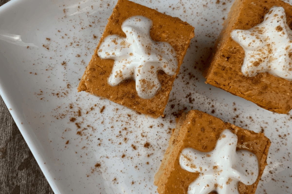 3 low carb pumpkin cheesecake bars on a white plate with ground cinnamon and whipped cream on top