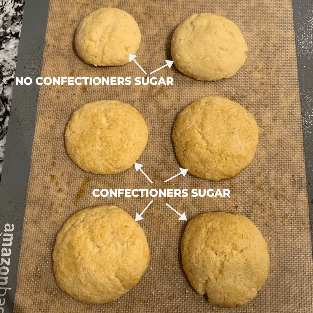 example of the lemon protein cookies with and without confectioners sugar after baking