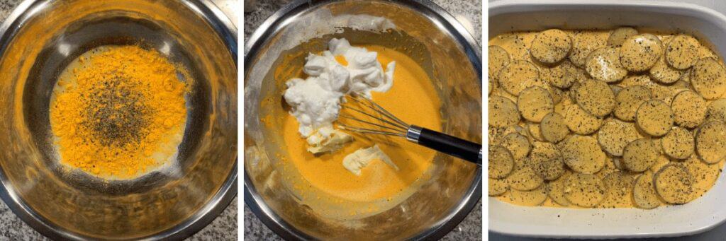 mixing the cheddar powder with skim milk, greek yogurt, butter, and pouring over the potatoes
