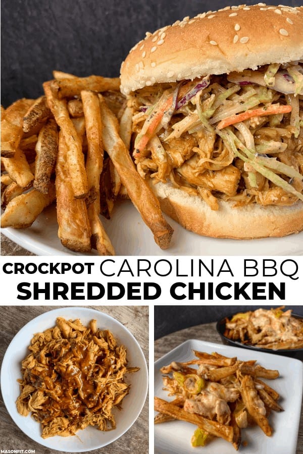 a crockpot shredded chicken sandwich, chicken with carolina bbq sauce in a bowl, and pulled chicken fries