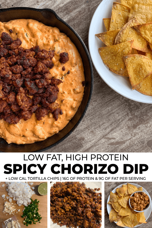 1 image of chorizo dip in a skillet and 3 photos of recipe process