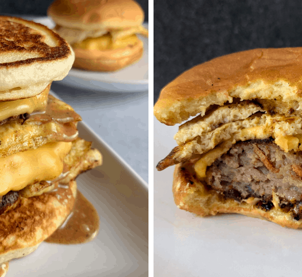a breakfast burger on a pancake bun and a breakfast burger on a potato bun
