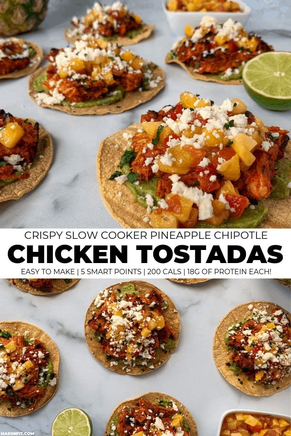 two photos of chicken tostadas with pineapple chipotle chicken
