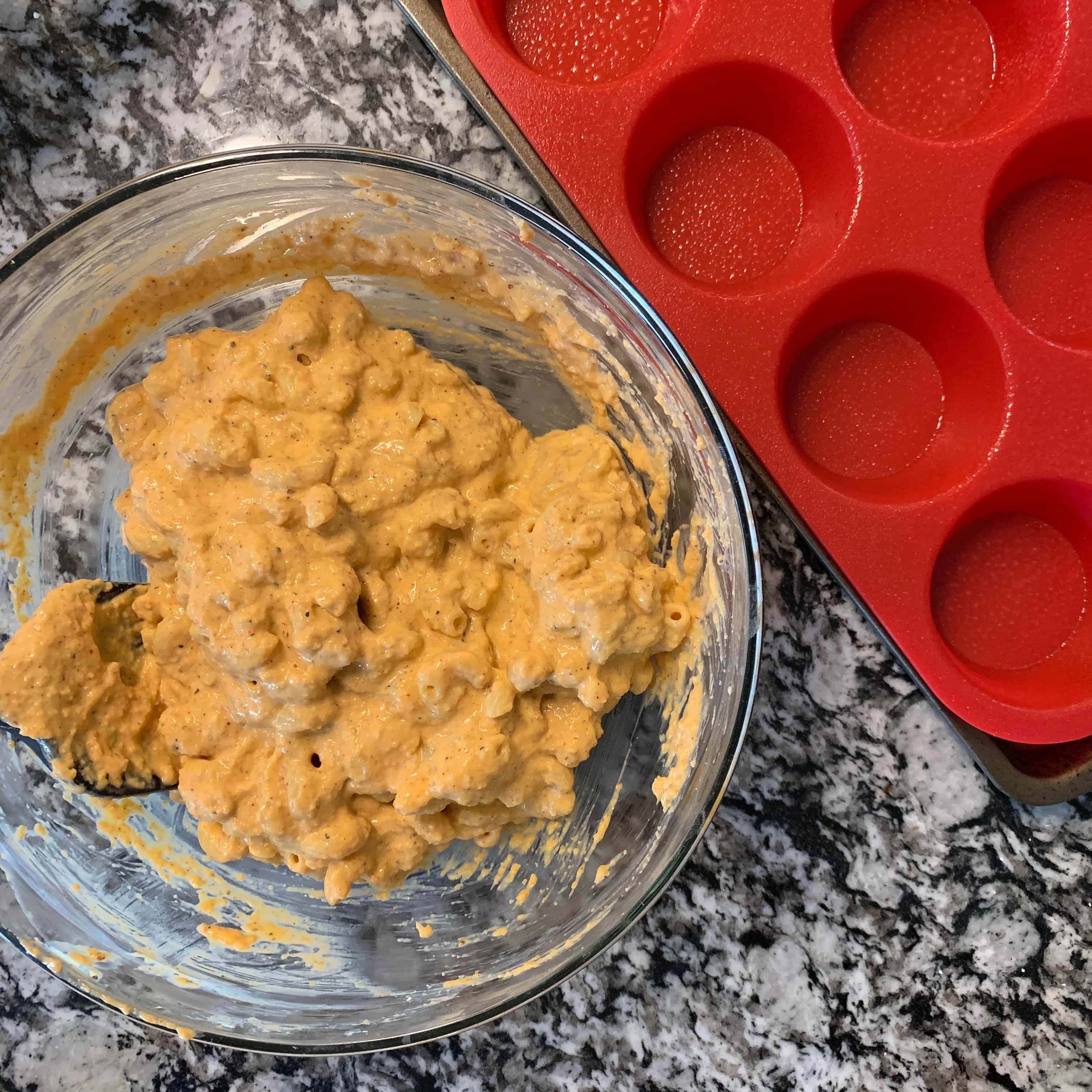 the final batter for mac and cheese muffins before adding to the muffin mold