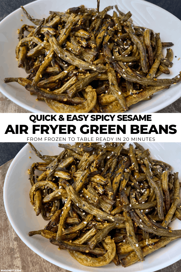 two photos of air fryer green beans in a white bowl