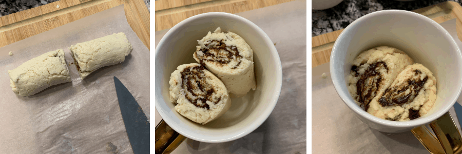 the final steps of making a cinnamon roll in a mug like rolling, cutting, and microwaving