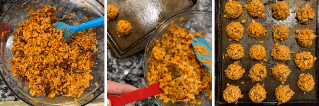 scooping the sweet potato tots mixture onto a baking sheet