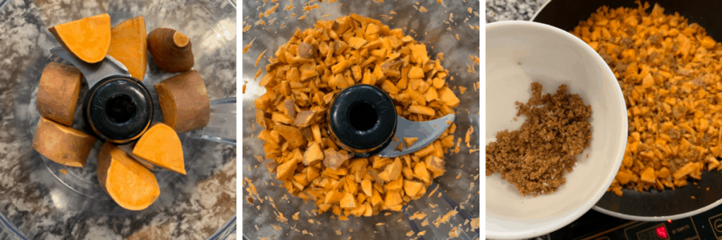chopped sweet potatoes in a food processor before and after pulsing and in a pan with seasoning