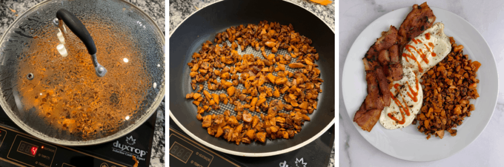 covering the pan after flipping and finishing the sweet potato hash browns