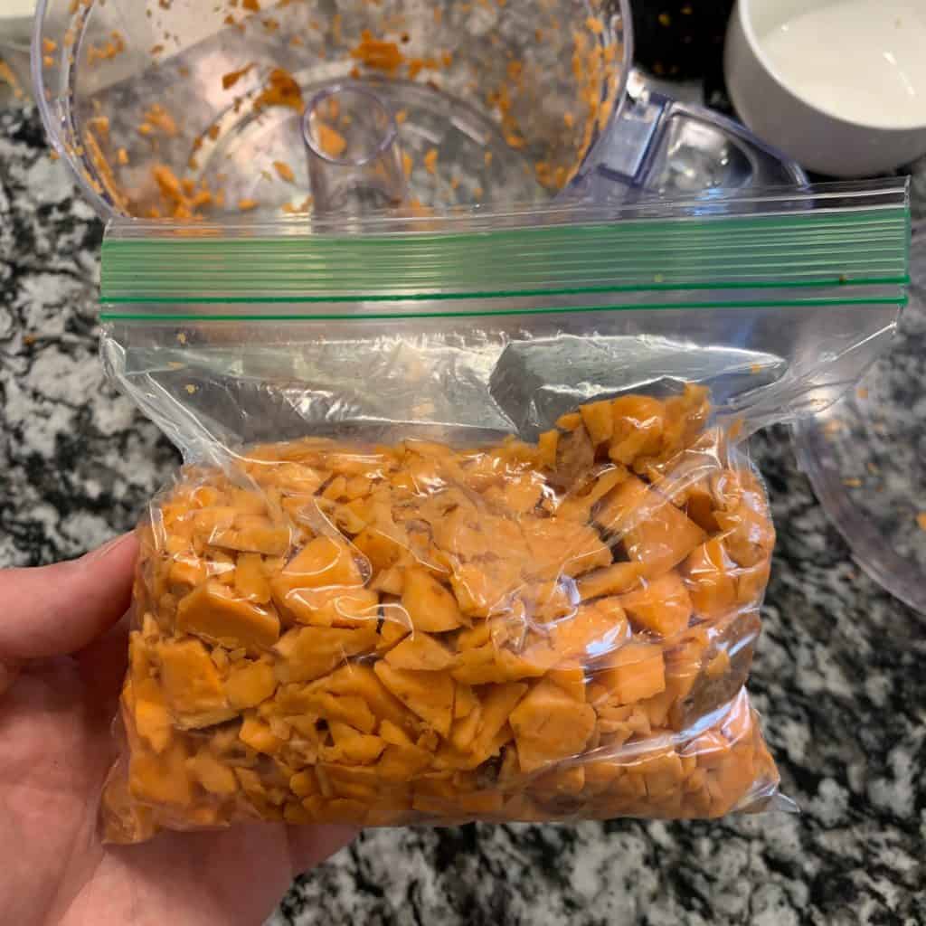 sweet potato hash browns in a resealable bag for freezing