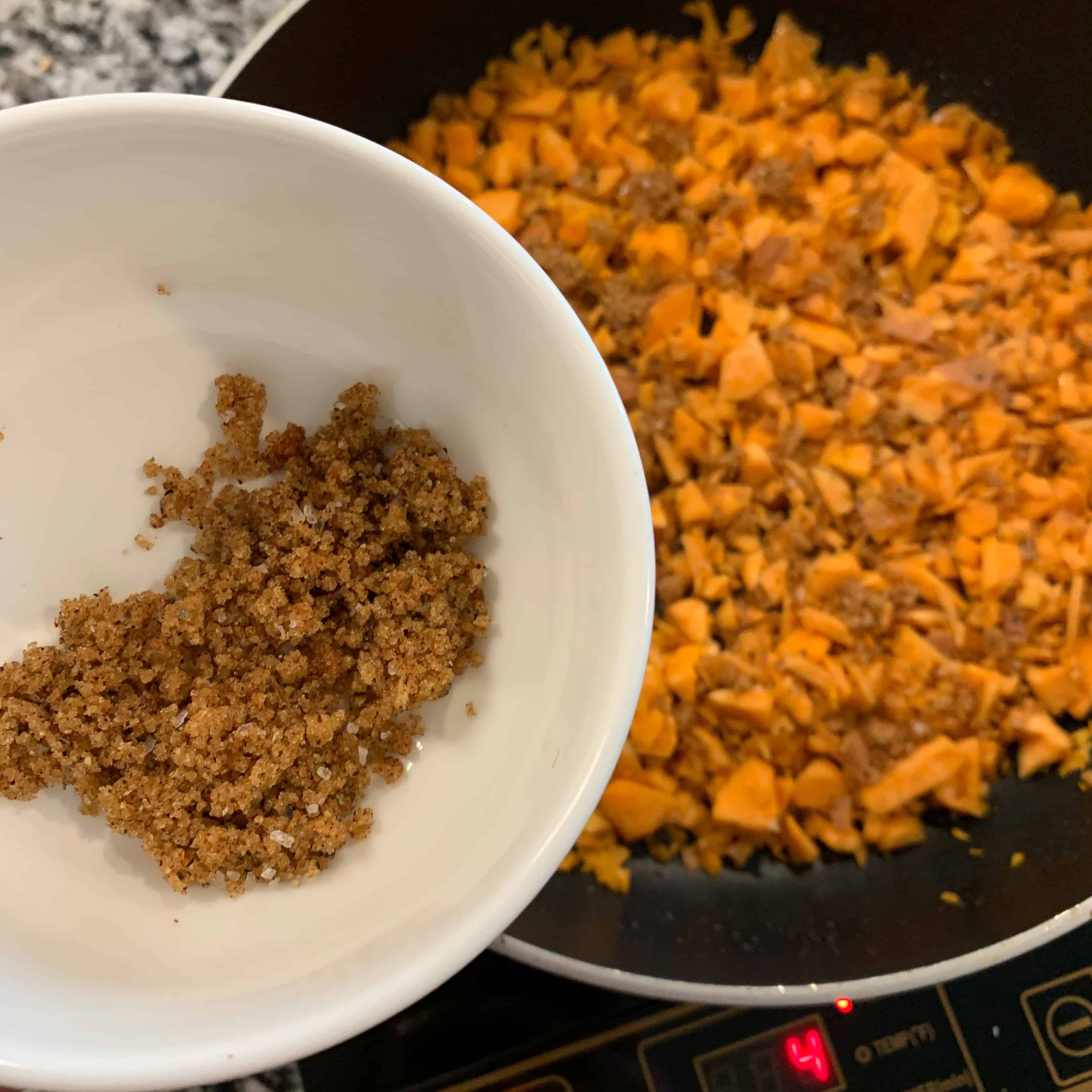 sweet potato hash browns in the skillet