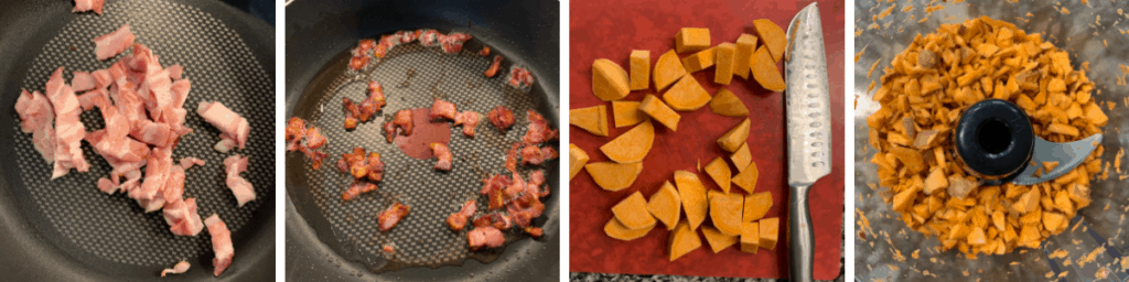 bacon pieces in a frying pan and chopped sweet potatoes before and after going through the food processor