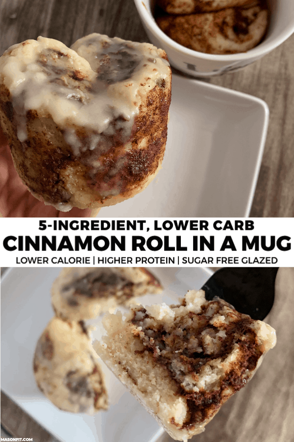 This GIANT cinnamon roll in a mug is going to blow your mind! It uses a 2-ingredient dough and 3-ingredient cinnamon sugar spread to create a simple, lower carb, lower calorie cinnamon roll fix.