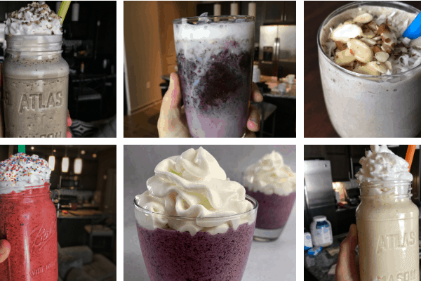A variety of protein smoothie recipes ranging from copycat Butterfinger, Almond Joy, and Reese's Cup to blueberry lemonade, strawberry cheesecake, and more.
