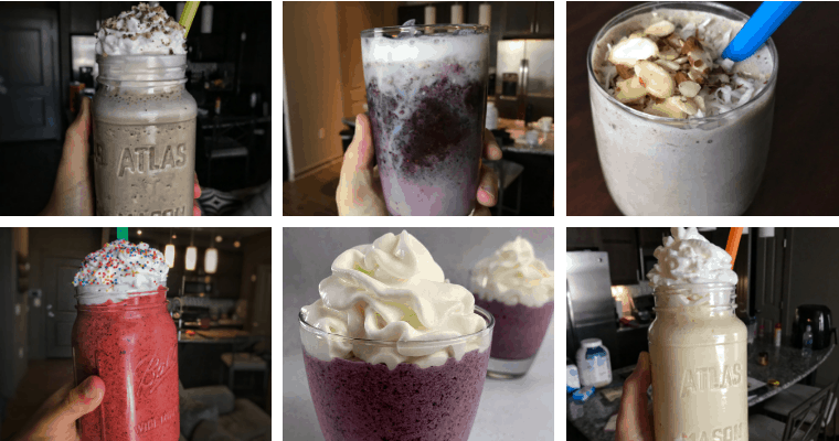 A variety of protein smoothie recipes ranging from copycat Butterfinger, Almond Joy, and Reese's Cup to blueberry lemonade, strawberry cheesecake, and more.