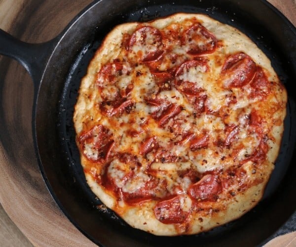 pepperoni pizza in a cast iron skillet