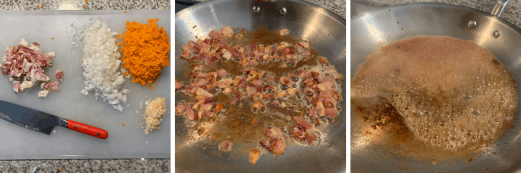 the bacon and vegetables prepared on a cutting board and the cooked bacon in a skillet
