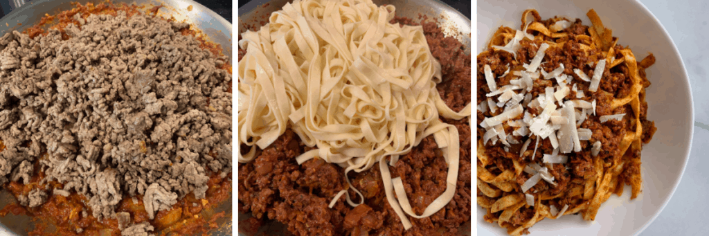 cooked beef in the sauce and cooked pasta in the finished bolognese
