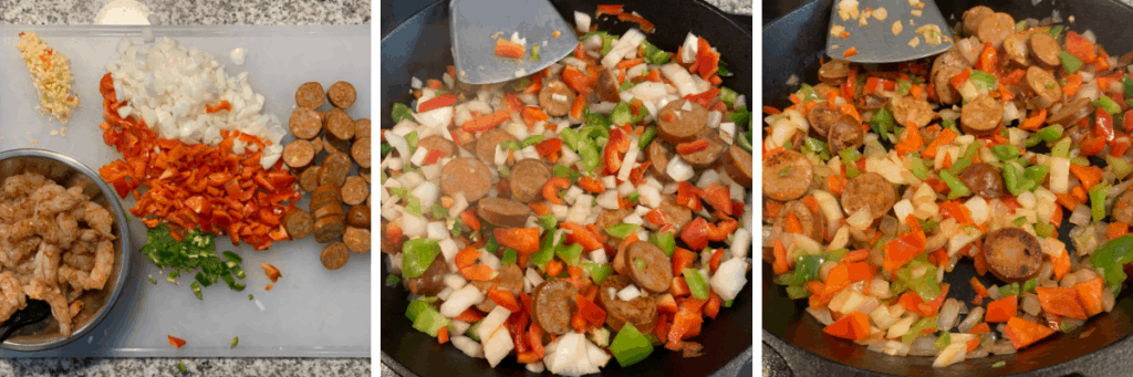 how to prepare the vegetables and sausage for low carb jambalaya