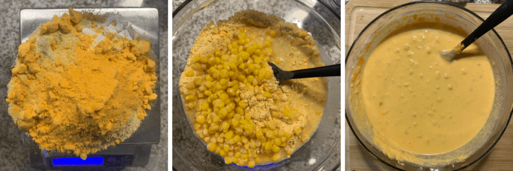 flours and cheddar powder before mixing to make the cornbread batter