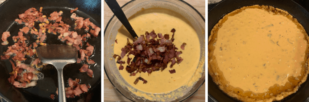 cooked bacon and cornbread batter before baking