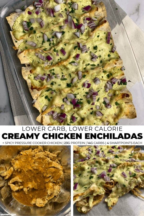 Super simple creamy chicken enchiladas with a guacamole-infused sour cream style sauce. Each low carb enchilada has 23 grams of protein, 233 calories, and just 4 WW SmartPoints!