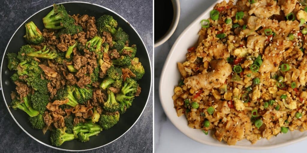 sticky sweet ground beef and broccoli with chicken fried cauliflower rice