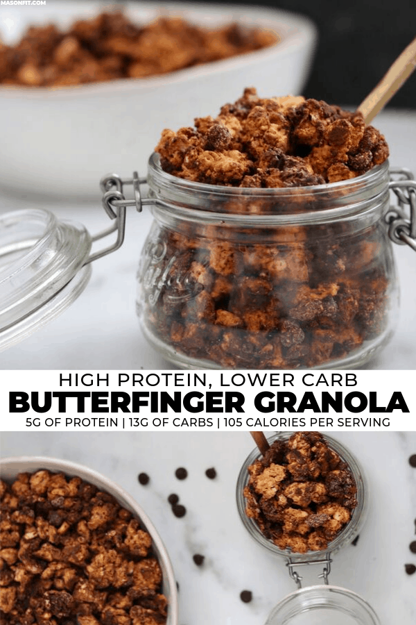 You'll love this crunchy butterscotch and peanut butter granola that's coated in melted chocolate! Every serving has 5 grams of protein and nearly half the carbs of traditional protein granola. Recipe includes a video tutorial, too! 