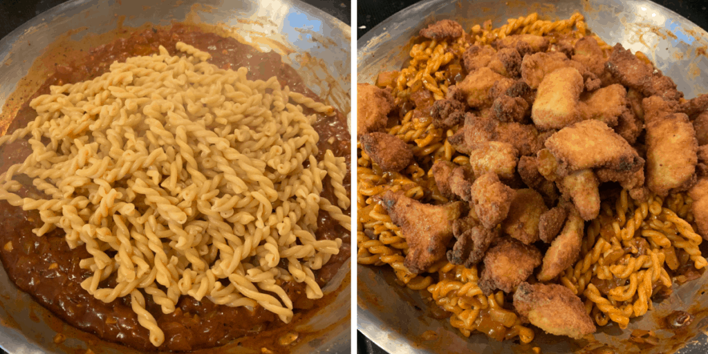 cooked pasta and chicken with the finished buffalo sauce