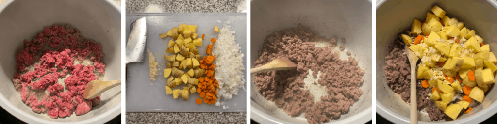 ground beef cooking in the Ninja Foodi and chopped vegetables on a cutting board