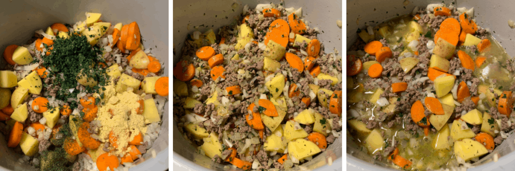 herbs and ground mustard added to the cooked ground beef and chopped vegetables in the Foodi