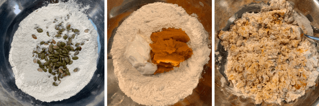 dry ingredients with pumpkin and Greek yogurt mixed in