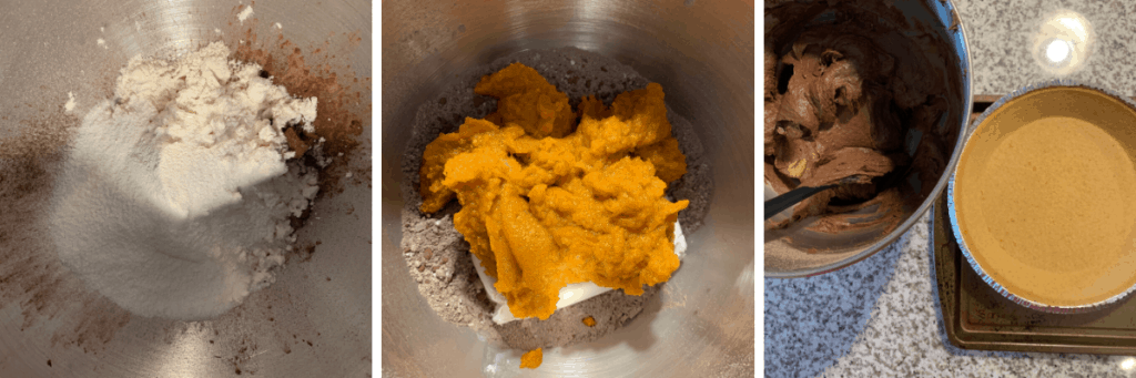 dry ingredients mixed with pumpkin and cream cheese to make the pie filling