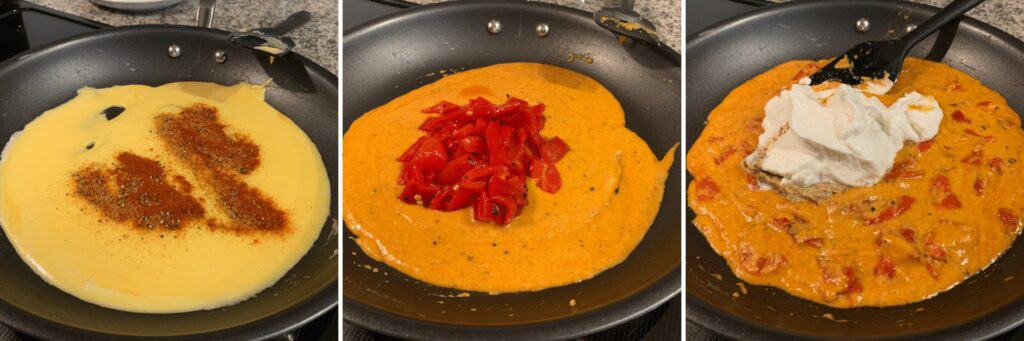 adding spices, red peppers, greek yogurt, and dijon mustard to the cheese sauce
