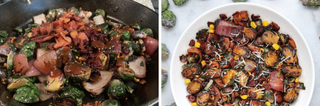 cooked bacon, dried cranberries, and bbq sauce added to the cooked brussels sprouts