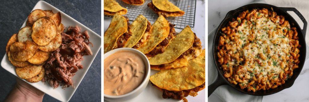 three photos of air fryer potato chips, baked beef tacos, and chicken fajita pasta bake